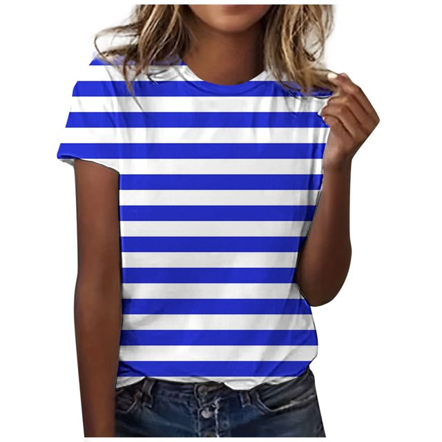 TSADFHJI T-Shirts Graphiques pour Femmes Classique Polyvalent Quotidien Manches Courtes Rayé Léopard Camo Color Block Col Rond T-Shirt 3 TG Bleu