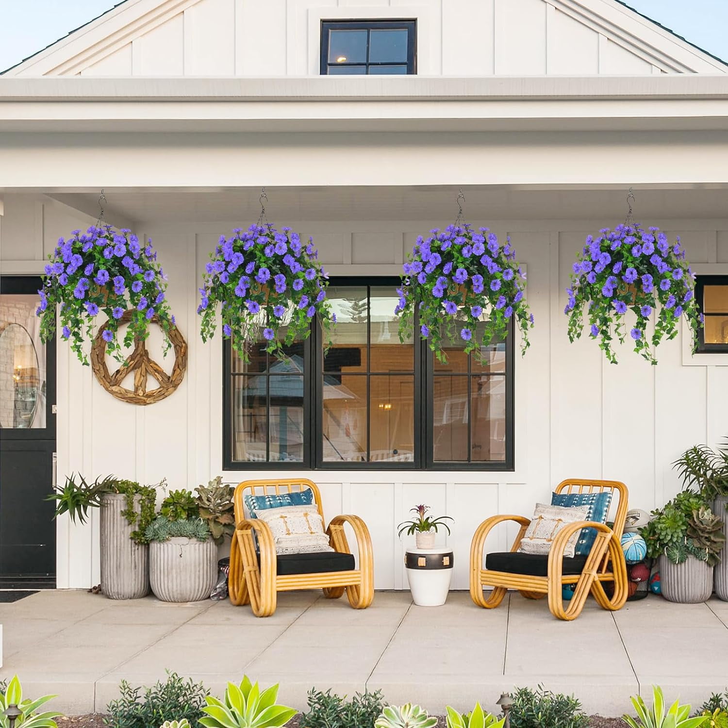 Artificial Hanging Baskets with Flowers, Fake Hanging Plants Outdoors, Faux Silk Flowers for Front Porch Patio Outside Urn Fillers Spring Summer Decor (Blue)