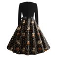 thumbnail image 4 of Halloween Dresses for Women Bat Pumpkin Long Sleeve Cocktail Hepburn Retro Dresses V Neck 1950s Fall Casual Dress with Belt 2XL, 4 of 4