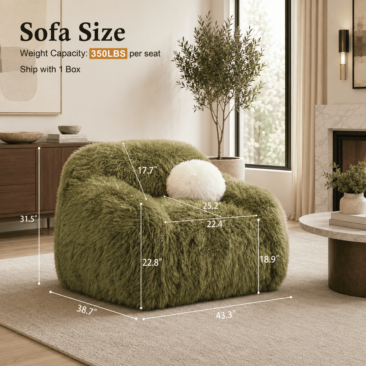 Aenkyo Oversized 360 Degree Swivel Accent Chair, Plush Faux Fur Barrel Sofa Chair, 25" Deep Seat, Green
