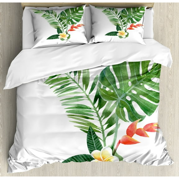 Plant Duvet Cover Set, Frangipani Blooming on Tropical Fern Exotic Art Watercolor, Decorative 3 Piece Bedding Set with 2 Pillow Shams, King Size, Fern Green Marigold, by Ambesonne