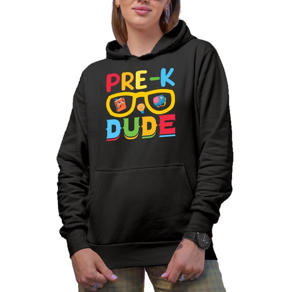 Pre-K Dude, School or Student Themed, Groovy Retro Wavy Text Merch Gift, Black Hooded Sweatshirt or Hoodie, Small