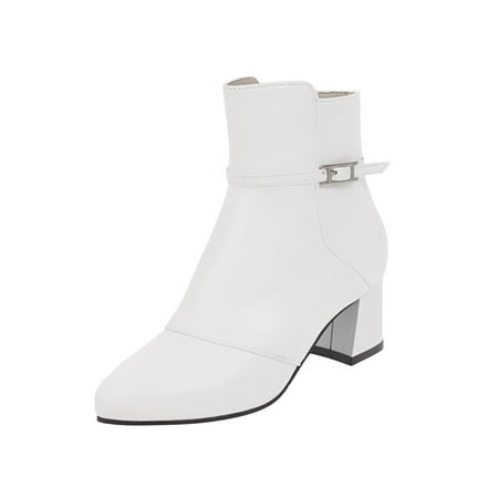

GWAABD Ankle Boots for Women Mens Simple Solid Color Leather Belt Buckle Side Zipper Thick High Heel Short Boots