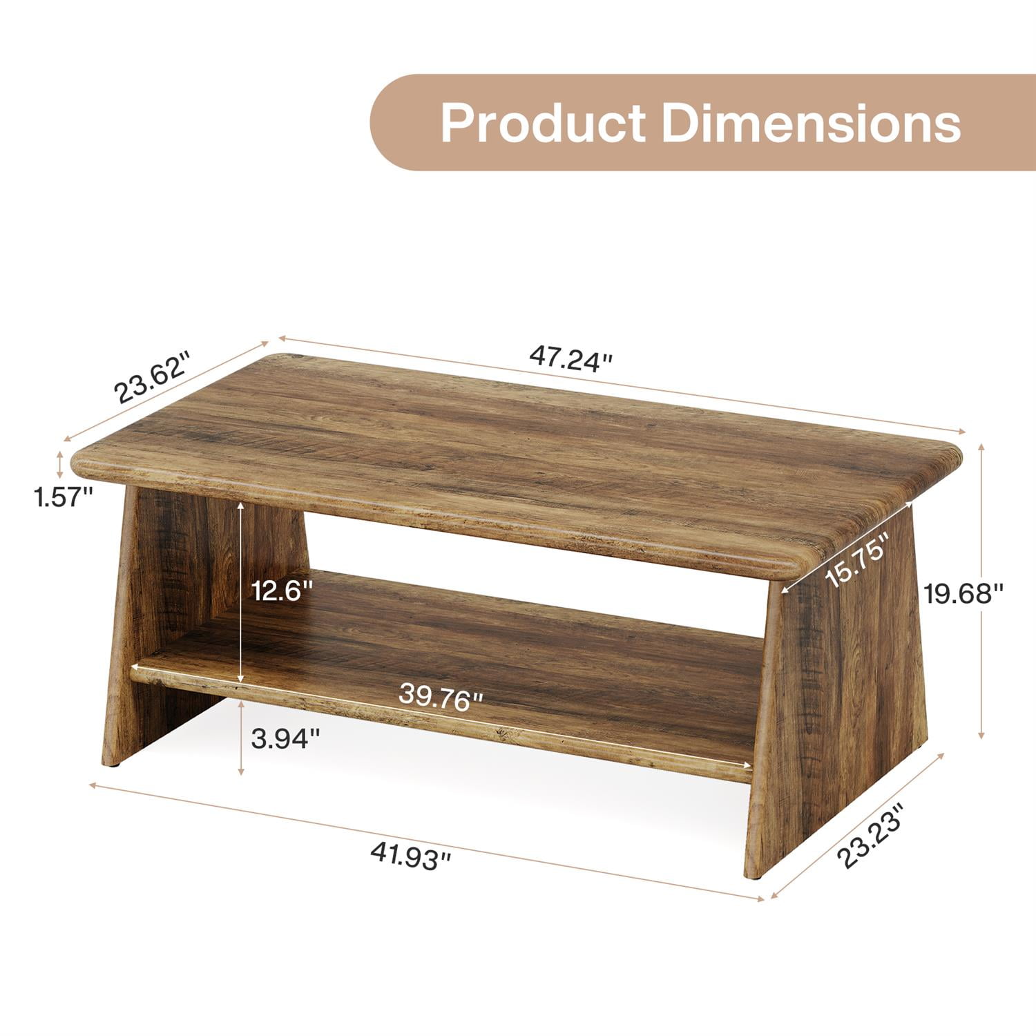 Demi Bonn 47" Rustic Wooden Coffee Table, Modern Center Table Storage Ottoman for Living Room, Brown