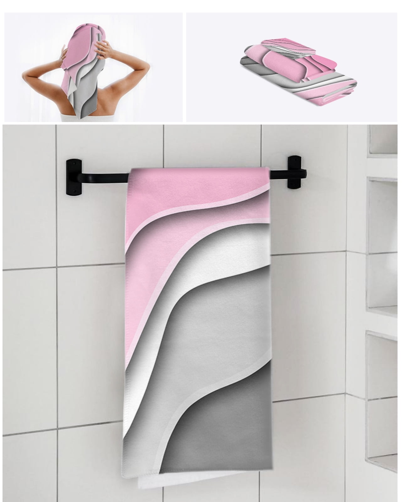 Pink Grey Ombre Bath Towels for Bathroom Set,Luxury Microfiber Towels Gifts for Women,Beach Kitchen Hand Hair Face Towel and Dish Washcloth,Modern Geometric Abstract Aesthetics Cream Towels+Set