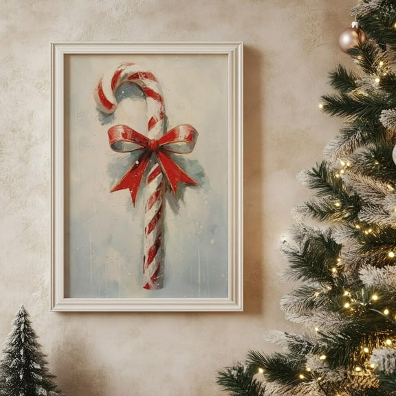 Kna Prints - 1 Pc Poster Christmas Candy Cane Printable Wall Art, Vintage Christmas Room Decor, Girly Holiday Poster, Moody Winter Painting, Ribbon, UNFRAMED-8x12