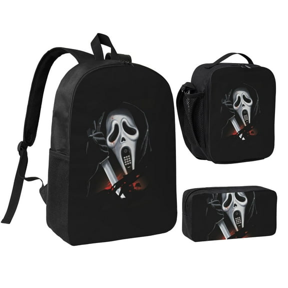 3pcs Ghostface Backpack Set With Pen Bag And Lunch Bag Fashion Travel Backpack Laptop Backpack Simple And Large Capacity Backpack 17 Inch