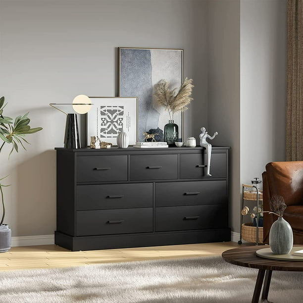 Double Dresser with 7 Drawers for Bedroom, Modern Black Chest of