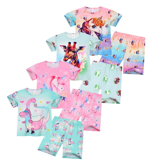 Emy Dola Summer Pajamas for Little Girls Cartoon Unicorn PJS Set 2Pcs Toddler Short Sleeve Jammies Set For 3-8 Years Child