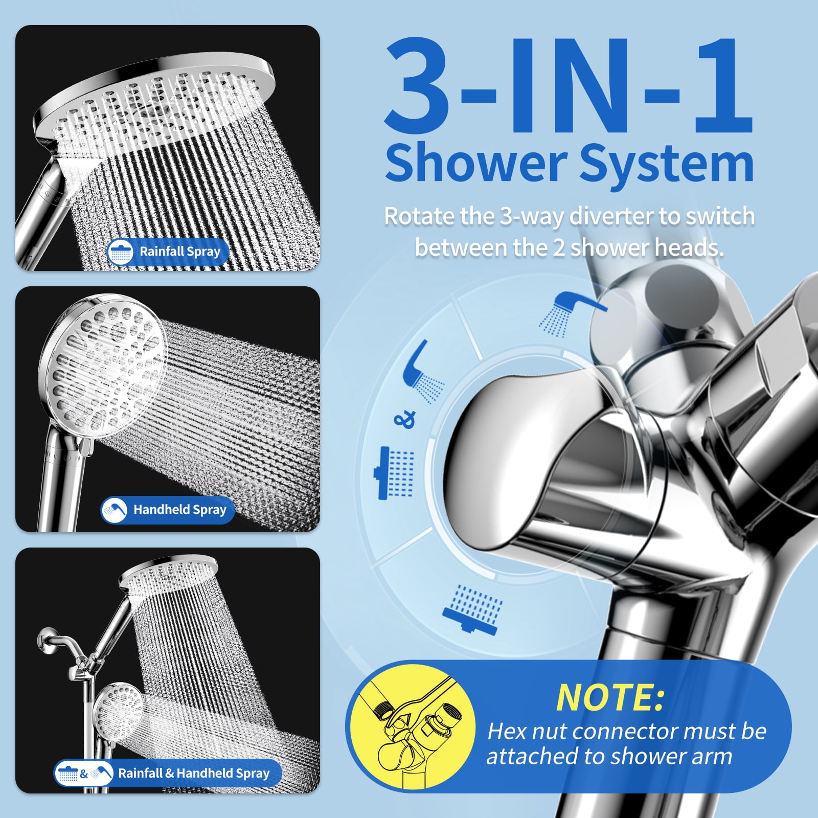 KAIYING Filtered Dual Shower Head System, 9-Mode Rain and Handheld Spray Combo with Adjustable Extension Arm, Chrome