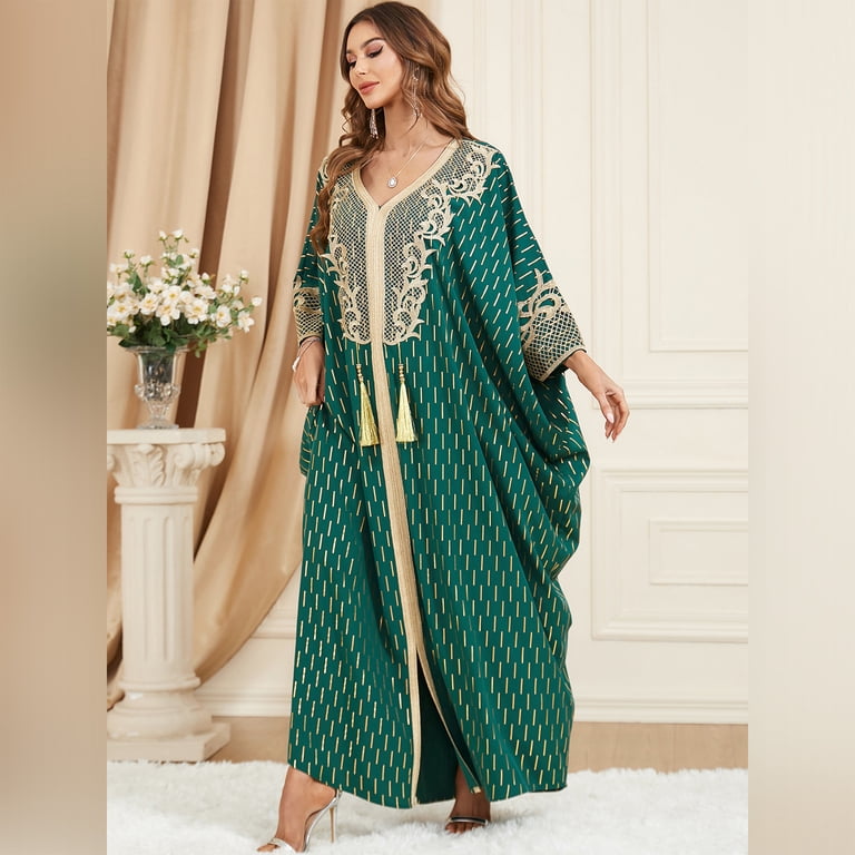 IBTOM CASTLE Women Muslim Dress Batwing Sleeve Embroidered Abaya Kaftans  Modern Elegant Dubai Moroccan Islamic Dresses One Size Green - Walmart.com