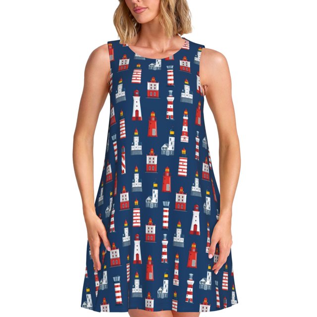 Balery Cartoon Lighthouse Vestidos de verano para mujer con estampado: vestido holgado sin mangas, vestido playero informal y cómodo para días calurosos.