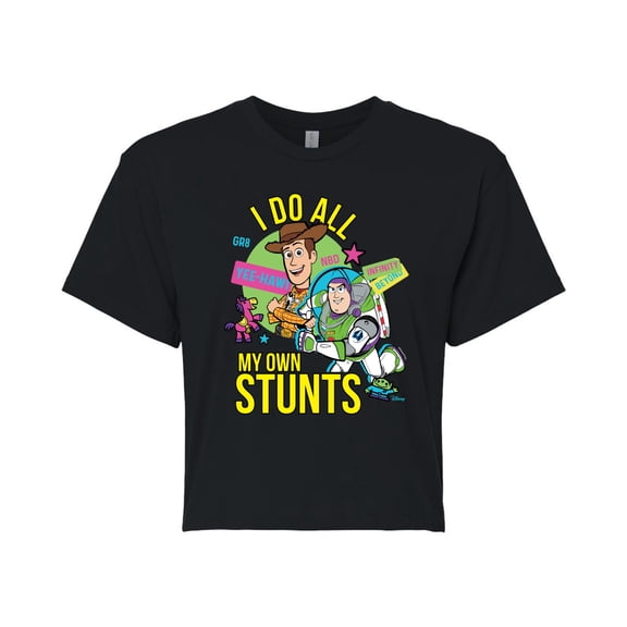 Toy Story 4 - I Do My Own Stunts Woody And Buzz - Juniors Cropped Cotton Blend T-Shirt