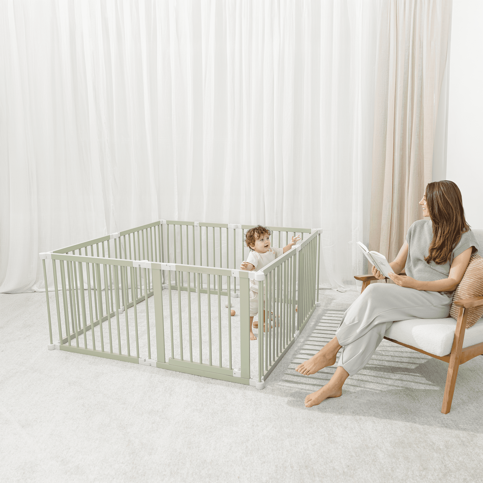 Comfy Cubs Baby Playpen & Baby Gate for Toddler & Babies, Foldable Adjustable Playard, Sage