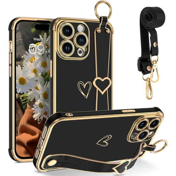 for iPhone 15 Pro Max Case, Cute Heart Wristband Lanyard Cross Body Strap Electroplated Camera Protection Shockproof Protective Case Women Girls for iPhone 15 Pro Max 6.7"-Black.