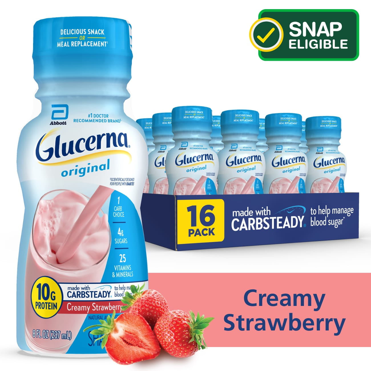Glucerna Nutritional Shake, Creamy Strawberry, 8-fl-oz Bottle, 16 Count