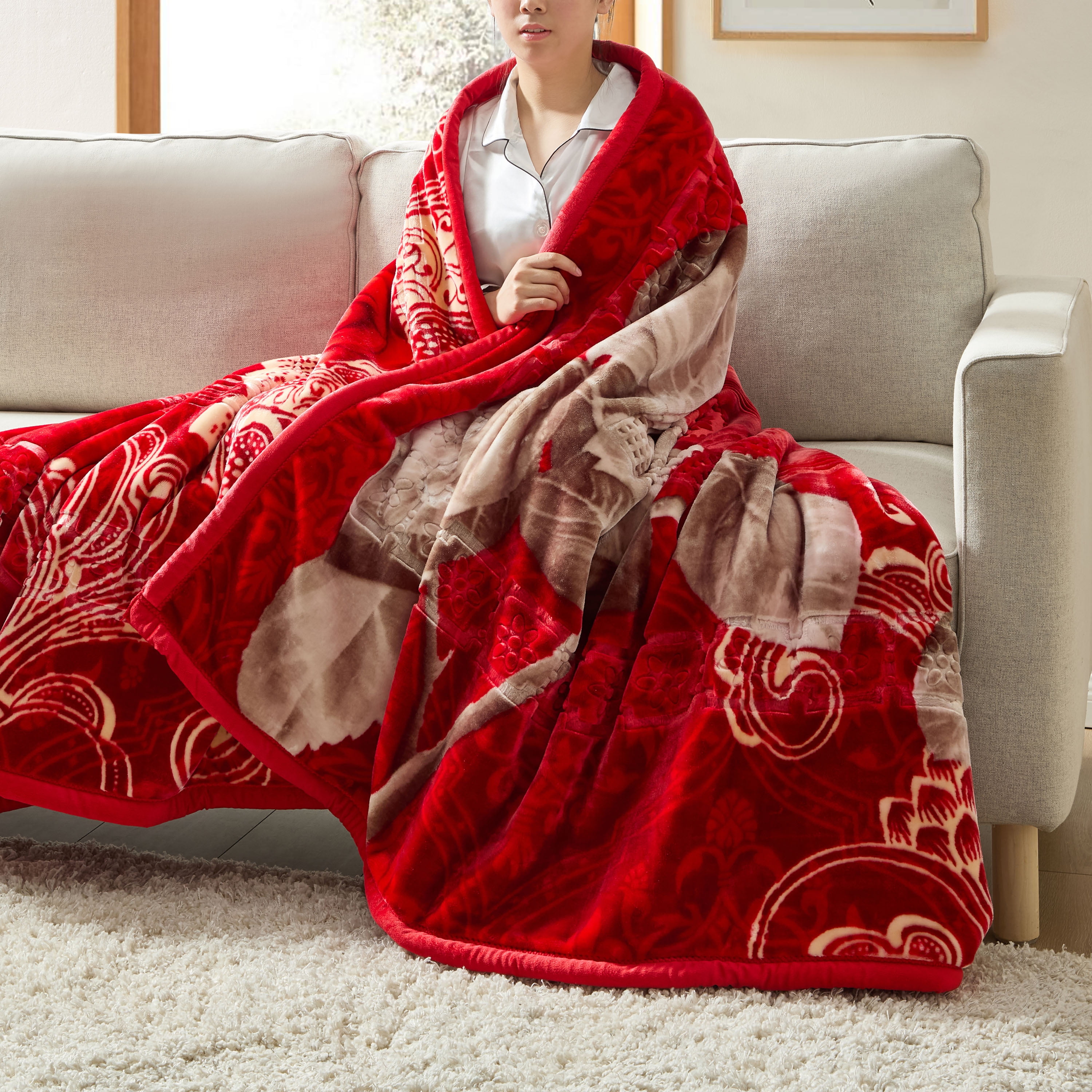 Lammaloe King Size Korean Mink Blanket for Winter, 12 lbs, 87" x 94", Heavy 2-Ply Warm Heavyweight Raschel Bed Blankets, Reversible Printed, Maroon