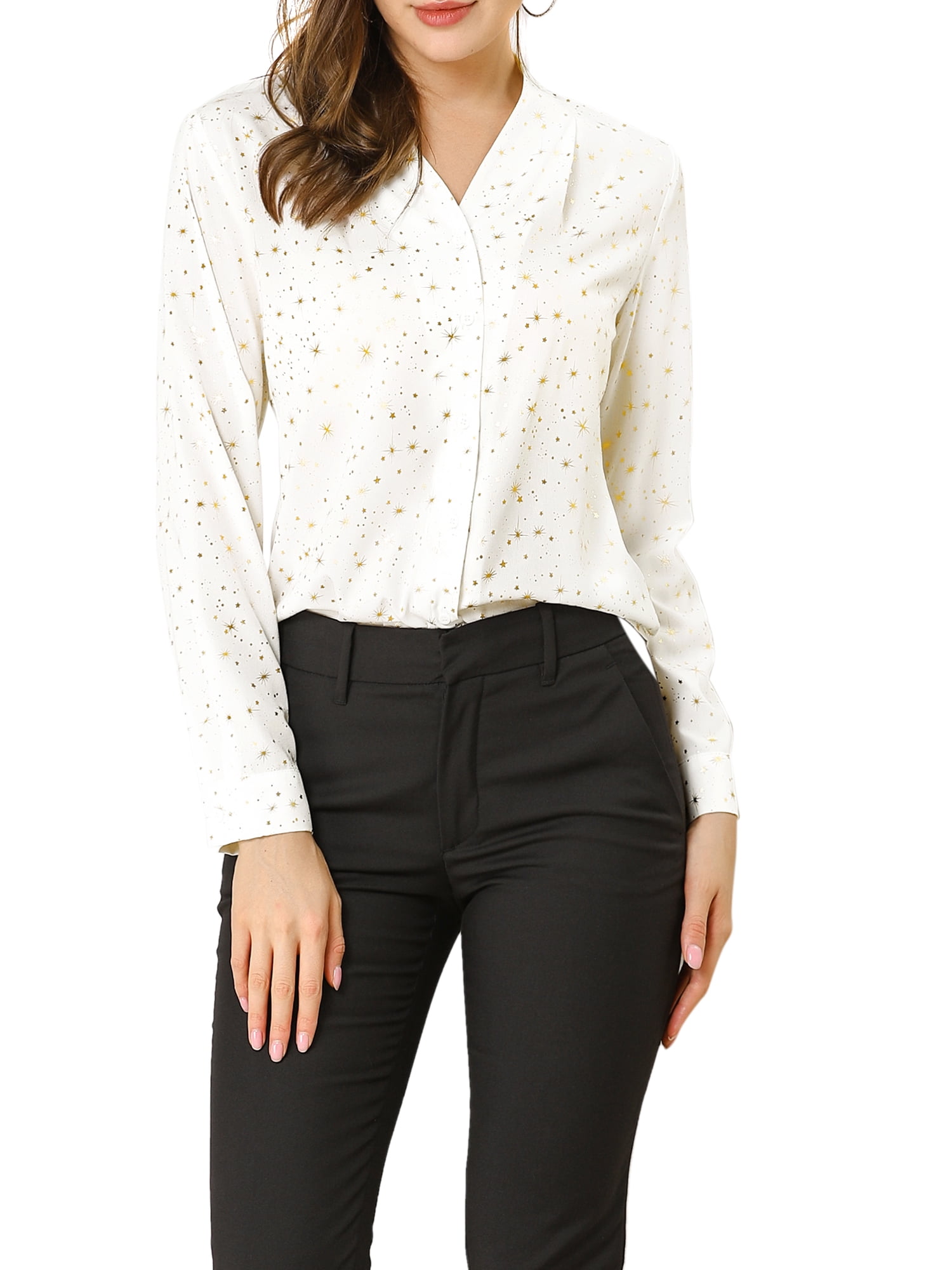 DARING DIVA Stand Collar Metallic Dots Stars Blouse Top L White