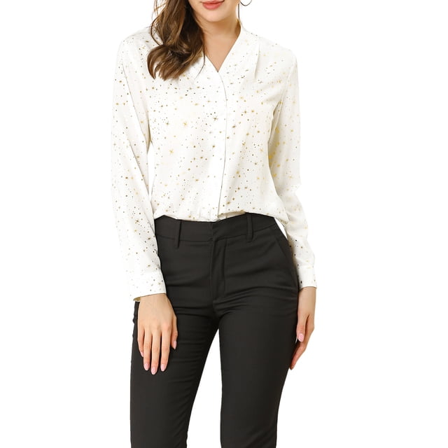 INSPIRE CHIC Chemise à Col Montant à Manches Longues à Étoiles Métalliques pour Femme TG Blanc