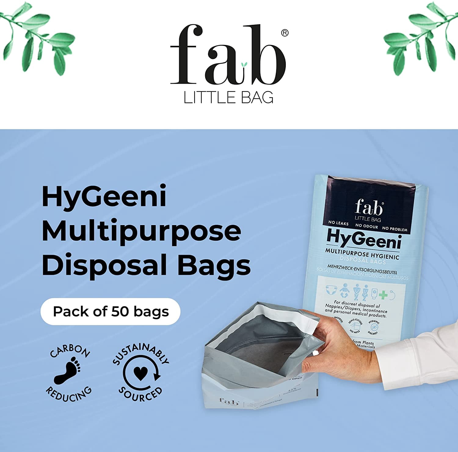 Fab Little Bag HyGeeni Disposal Bags for Nappies, Incontinence Pads, Ostomy & Catheter Bags - Prevents Odours, No Mess, Eco-Friendly, Pack of 50 Bags