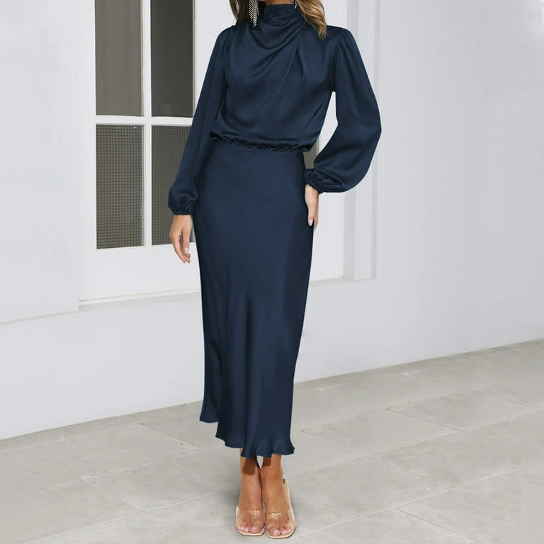 IDOPIP Women's Elegant Long Sleeve Satin Dress Mock Neck Elastic Waist  Cocktail Party Maxi Dress - Walmart.com