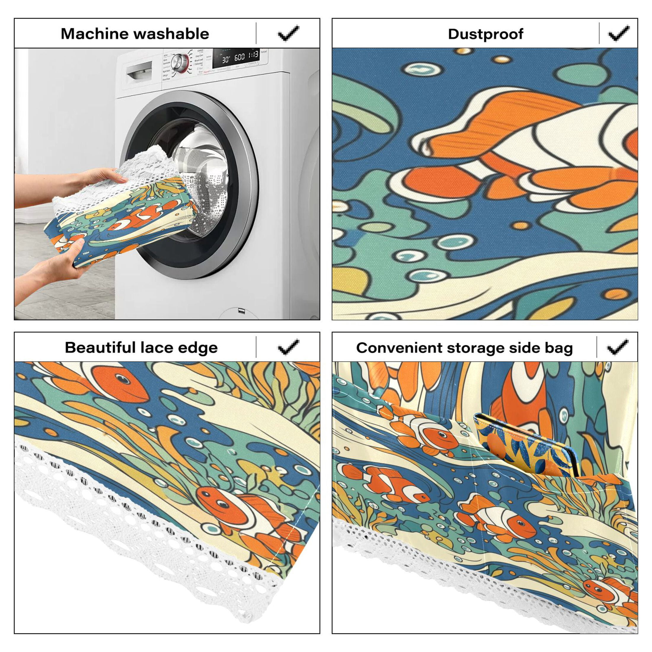 Washing Machine Cover 51.2x22in, Durable Polyester Dust Cover with Lace Trim and Side Pocket for Appliances Cute Clownfish Patterns