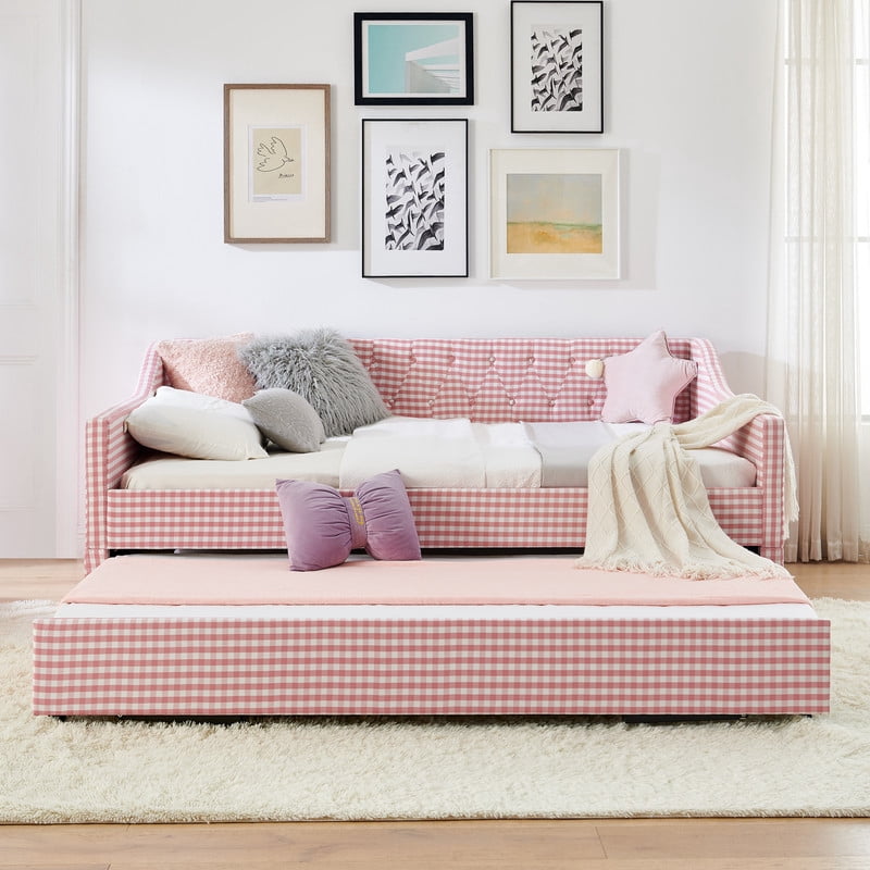 Full Size Daybed with Pop Up Trundle, Gingham Upholstered Daybed Frame with Tufted Button Backrest and Side Storage Pocket, Modern Sofa Bed for Living Room Bedroom