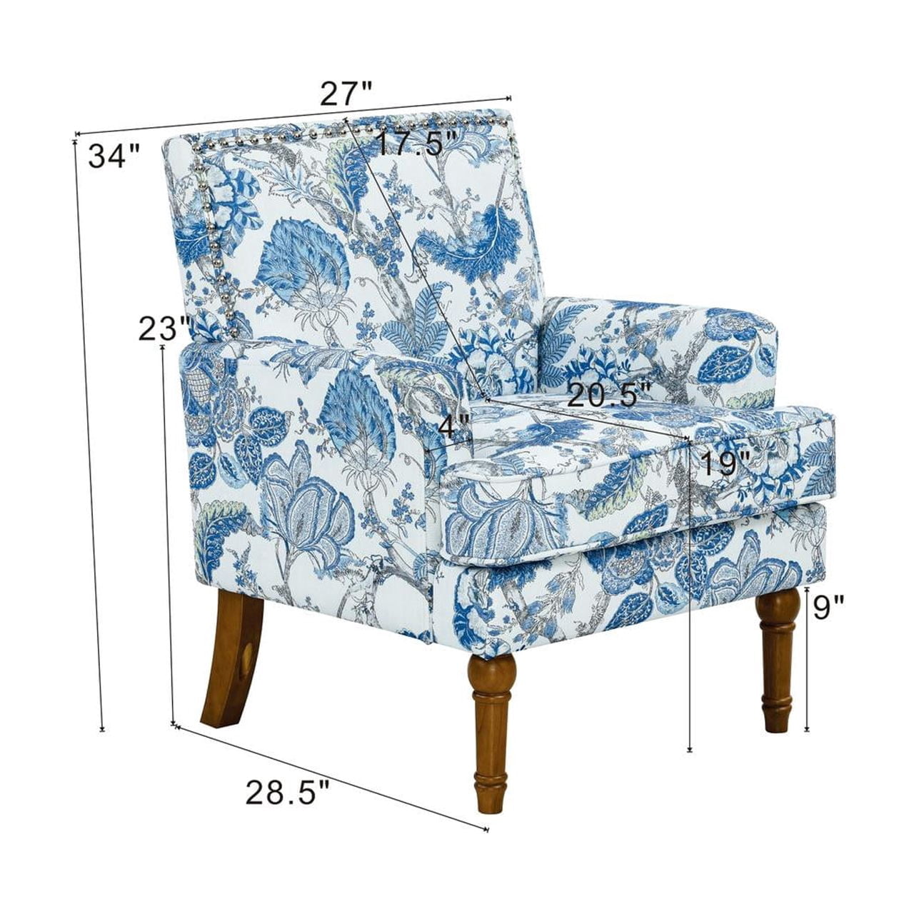 Aukfa Floral Accent Chair - Upholstered Armless Reading Chair with Nailhead Trim & Turned Wood Legs, Blue