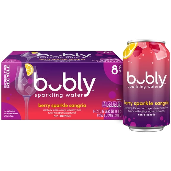 bubly Mocktails Berry Sparkle Sangria Sparkling Water, 12 fl oz, 8 Pack Cans