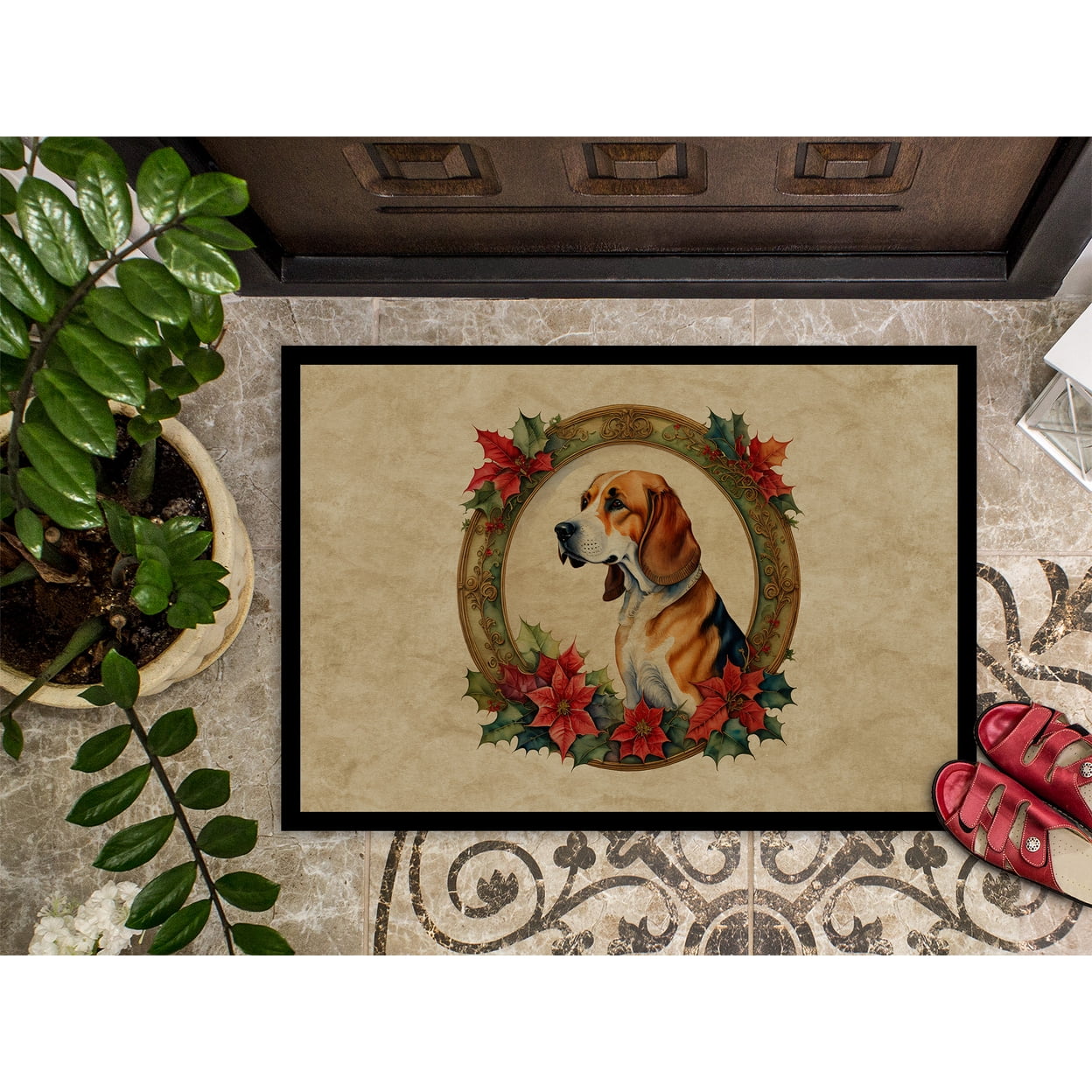 Carolines Treasures DAC2303MAT 18 x 27 in.  American Foxhound Christmas Flowers Doormat