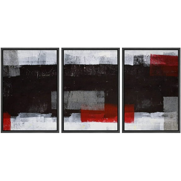 wall26 Framed Canvas Print Wall Art Set Grunge Black, Red & Gray Color Blocks Abstract Shapes Illustrations Modern Art Chic Colorful Ultra for Living Room, Bedroom, Office - 24"x36"x3 B