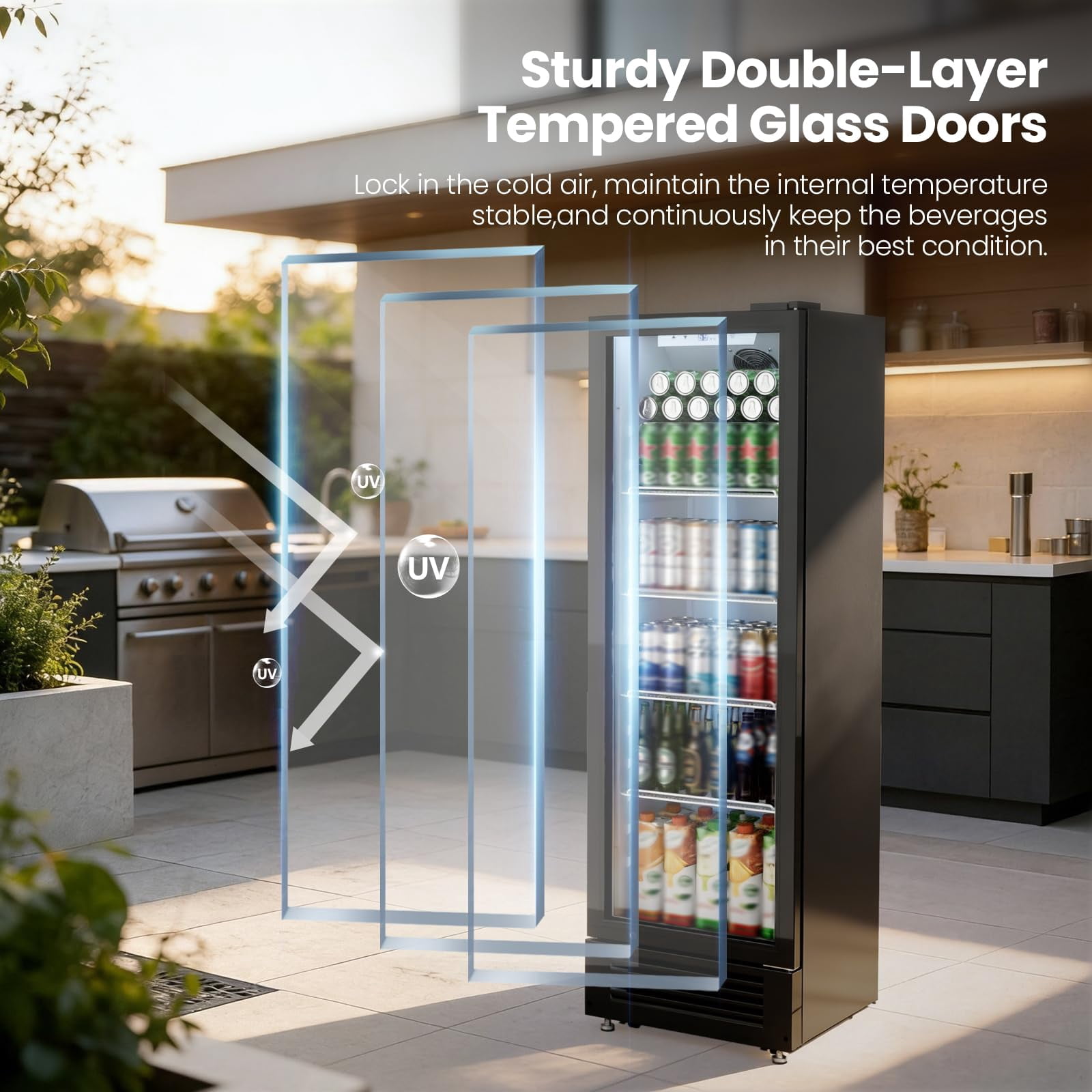 Auseo 9 Cu.Ft Commercial Refrigerator, Double-Tempered Glass Door Beverage Fridge with Wheels, Low-Noise Outdoor Drink Cooler for Bar, Office, Restaurant or Home