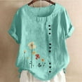 thumbnail image 2 of FAVIPT Linen Short Sleeve Tops for Women Crew Neck Button Up Shirts Elegant Floral Print Boho Blouses Casual Trendy Summer 2025 Tees Mint Green,XL, 2 of 4