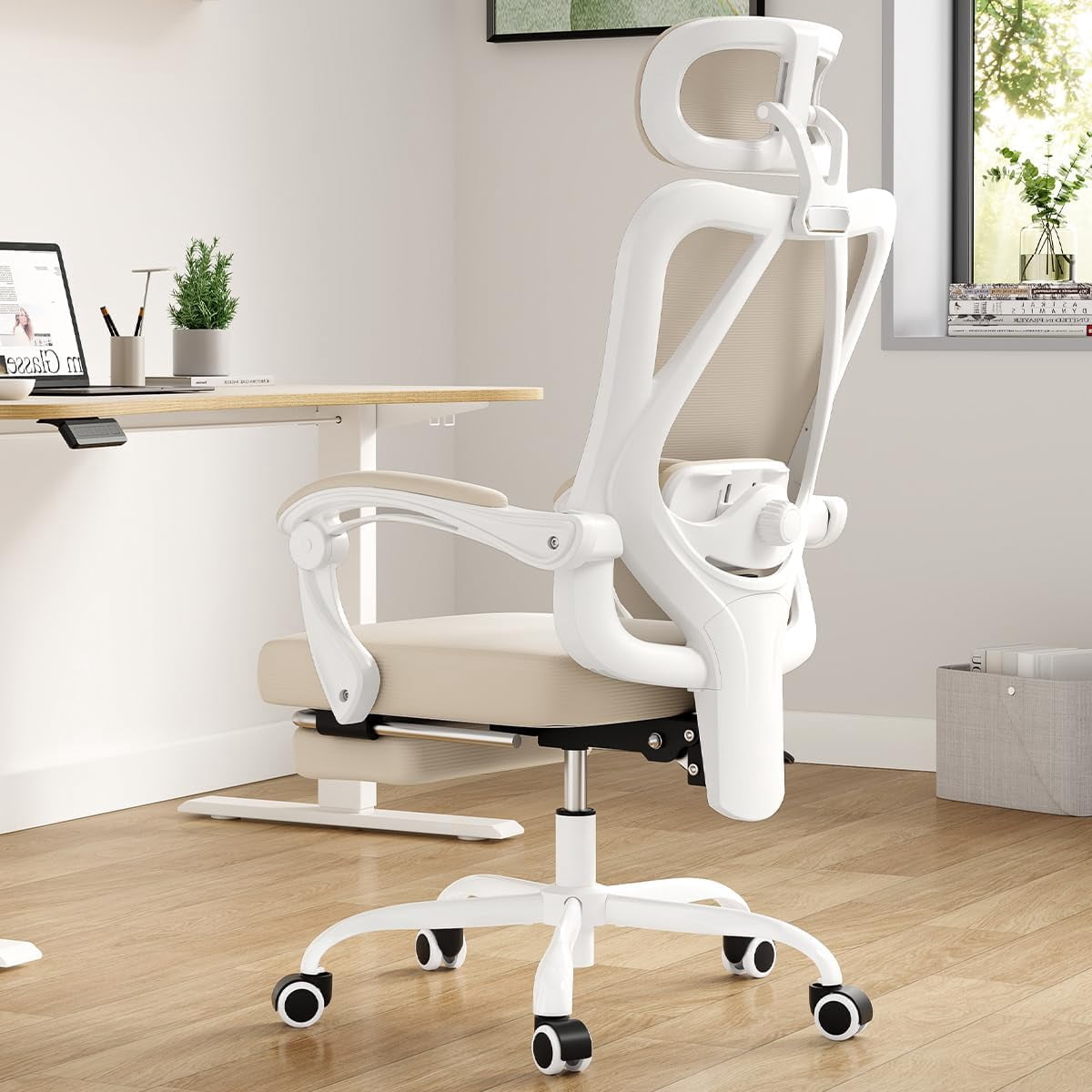 Farini Ergonomic Office Chair with Footrest, Mesh Office Desk Chair with Headrest, High Back Computer Chair with Adjustable Lumbar Support for Home Office Study Room Bedroom, White & Khaki
