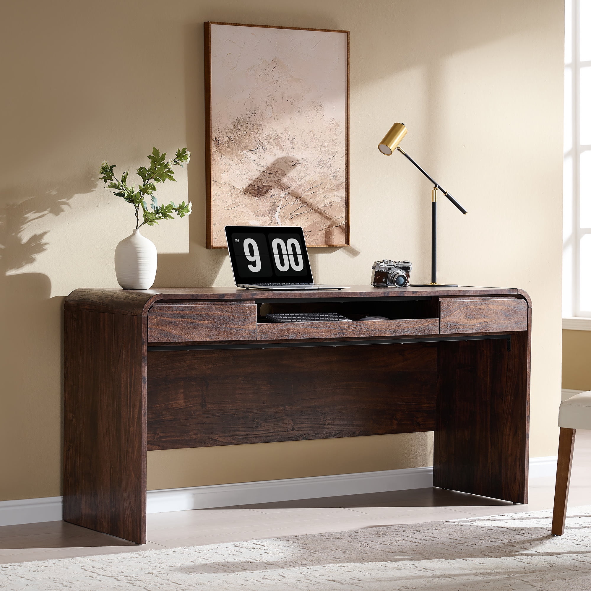 wow97e Modern Computer Desk with Storage Drawers, 57'' Large Executive Office Desk with Charging Station & Keyboard Tray for Home Office