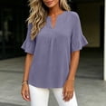 thumbnail image 6 of Edvintorg Summer Shirts for Women Cotton Linen V Neck Short Ruffle Sleeve Loose Casual Tops Womens Blouses Women Clothing Purple S, 6 of 9