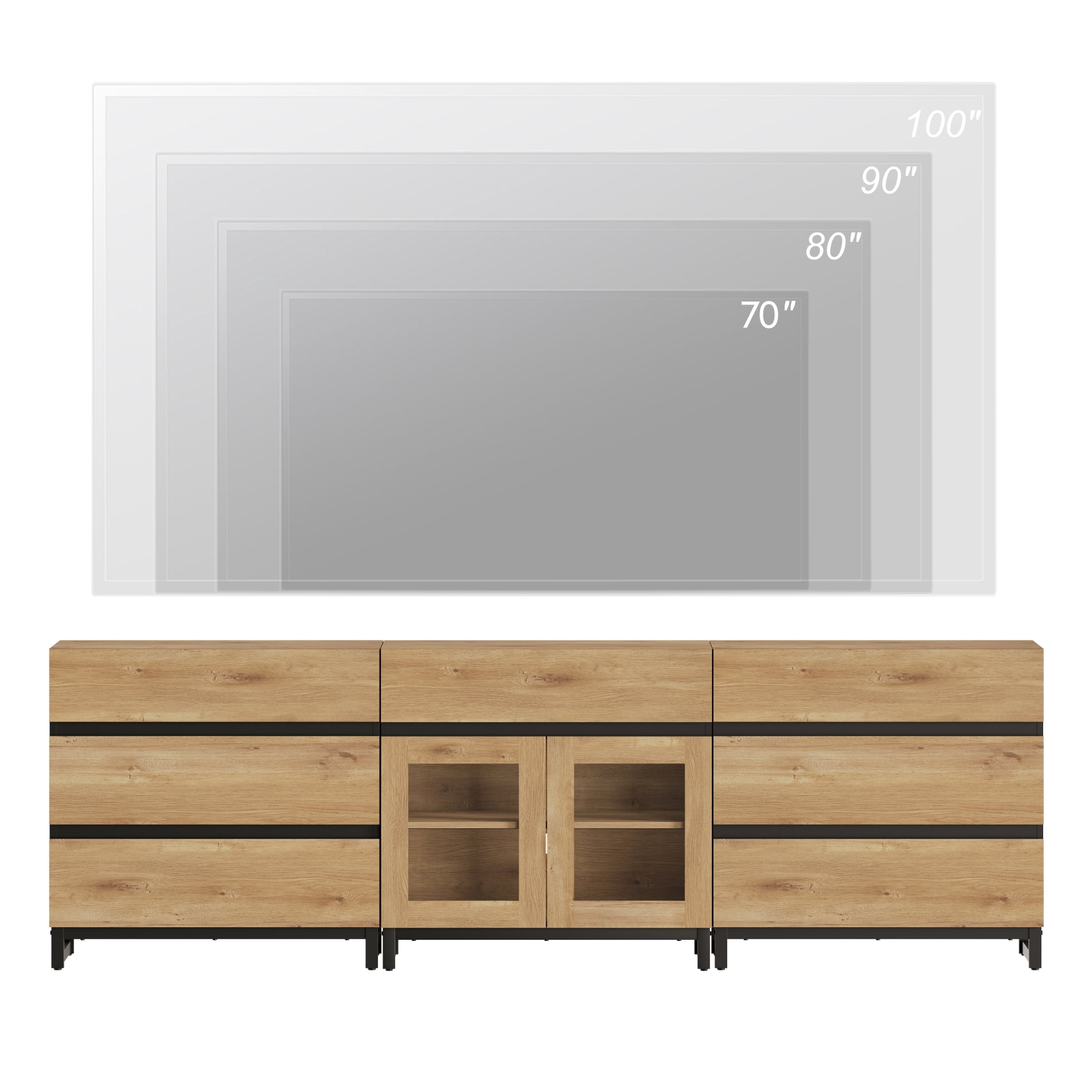 Modern TV Stand For Tvs Up To 100 Inch, 3 In 1 TV Console With Glass Doors And 7 Drawers, Media Console With Adjustable Shelf For Living Room, Bedroom,Oak