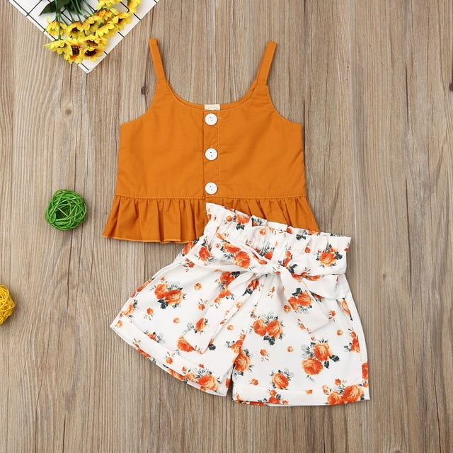 2pcs Summer Toddler Baby Girls Vest Crop Tops Floral Shorts Outfits Set Clothes
