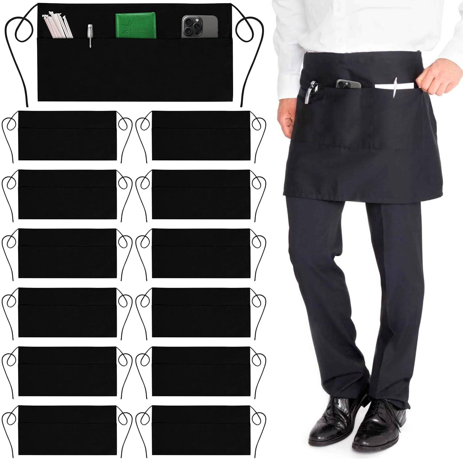 Cooking Aprons Server - 12 Pack Water Resistant Waist Apron with 3 Pockets