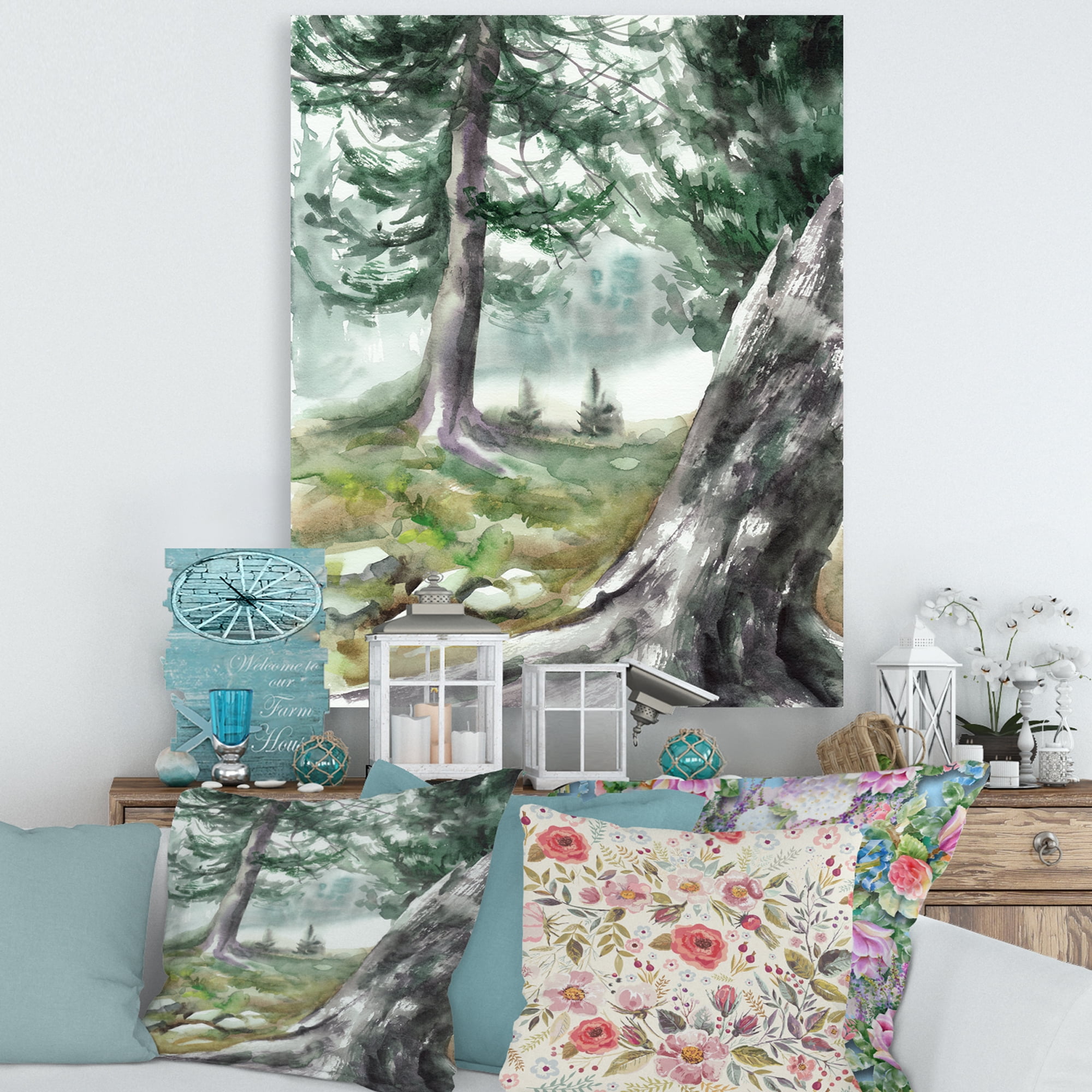 Designart ' Pine Forest In The Early Morning Glow ' Lake House Canvas Wall Art Print