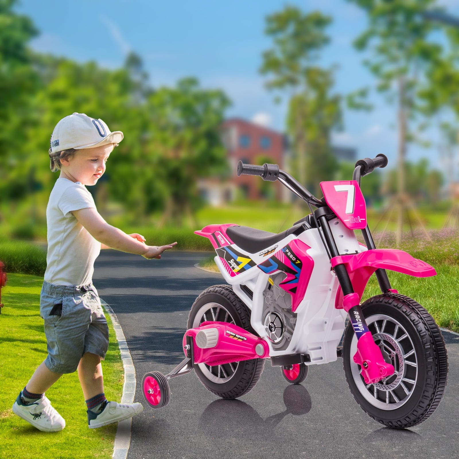 FINITO 12V Kids Ride on Motorcycle 4 Wheels Battery Powered Car Toy with 2 Training Wheels Music Player Electric Motorbike Gift for Boys Girls Age 3+, Rose Red