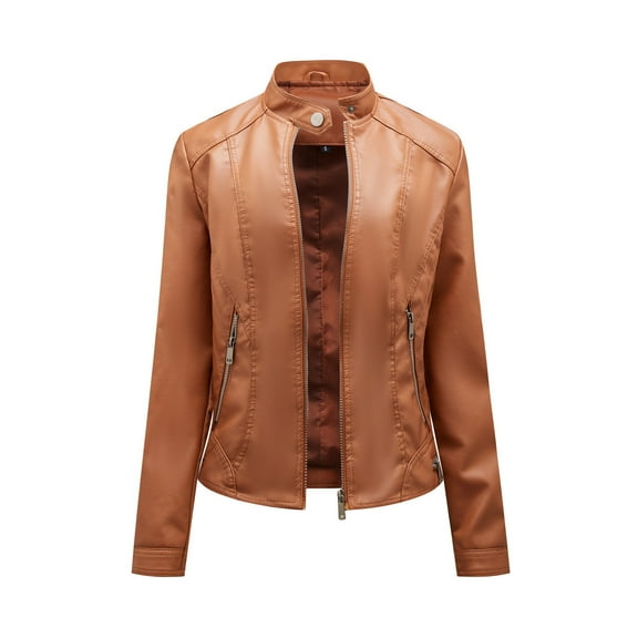 Fesfesfes Leather Jacket for Womens Warm Long Sleeve Crop Jacket Slim Fit Winter Parkas Faux Leather Hoodless Coats Sale Items