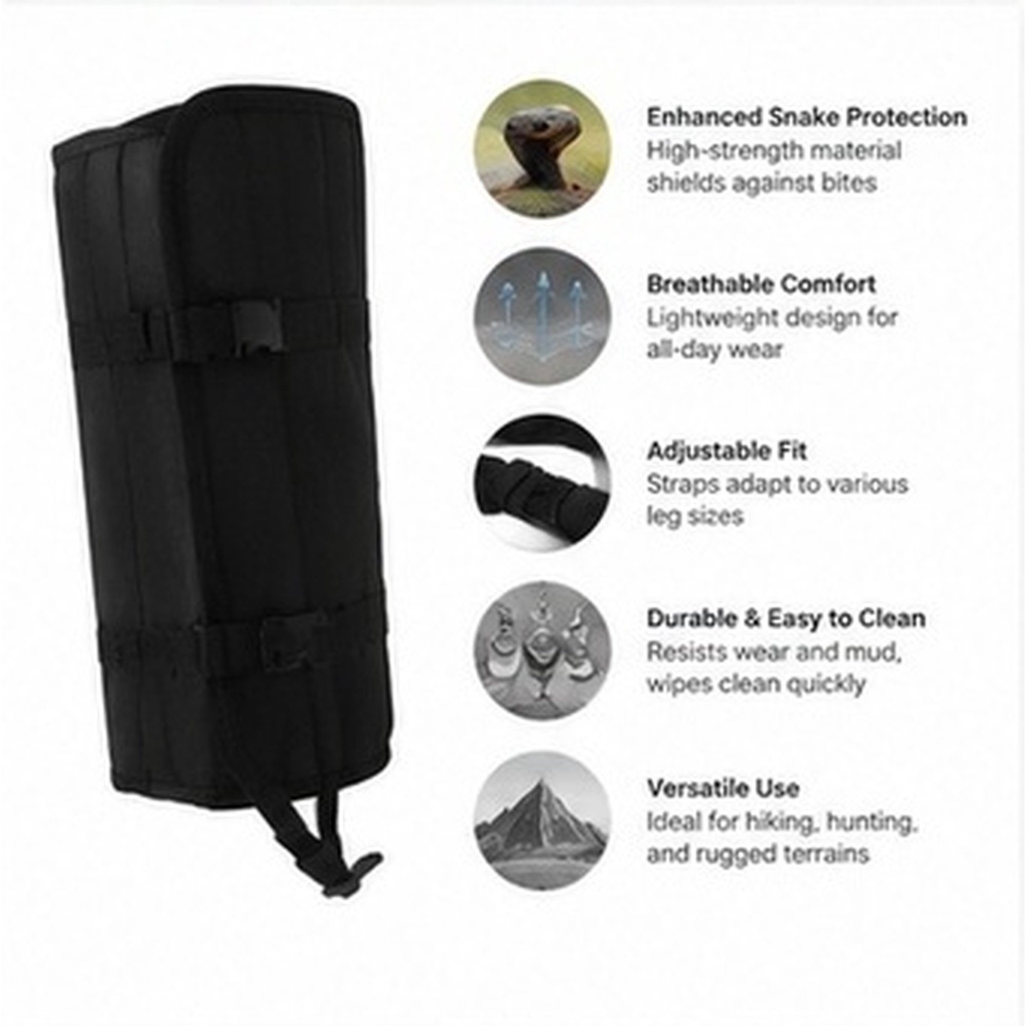 HEALEEP 1Pair Snake Proof Gaiters for Hiking Adjustable Waterproof Leg Guards Lightweight Black