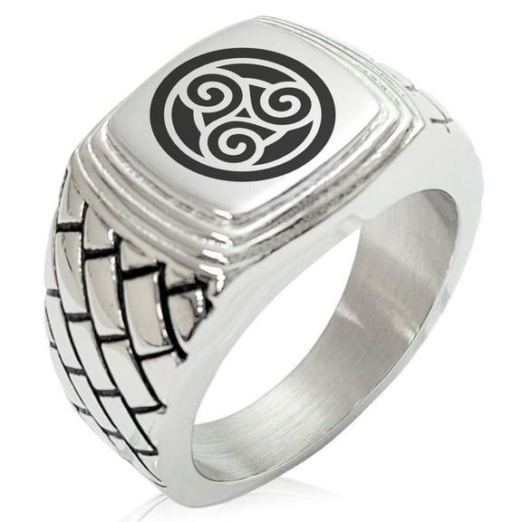 Stainless Steel Celtic Triskele Triskelion Circle Knot Geometric Pattern Step-Down Biker Style Polished Ring