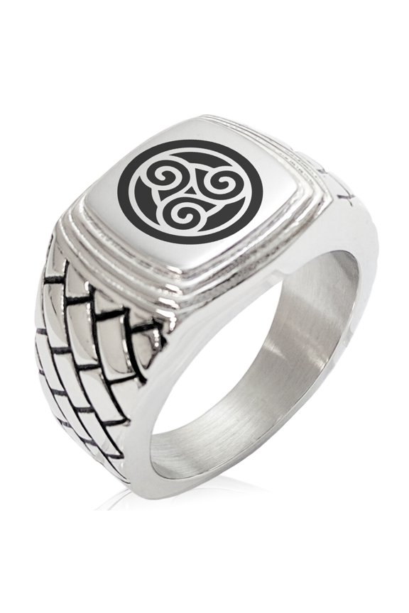 Stainless Steel Celtic Triskele Triskelion Circle Knot Geometric Pattern Step-Down Biker Style Polished Ring