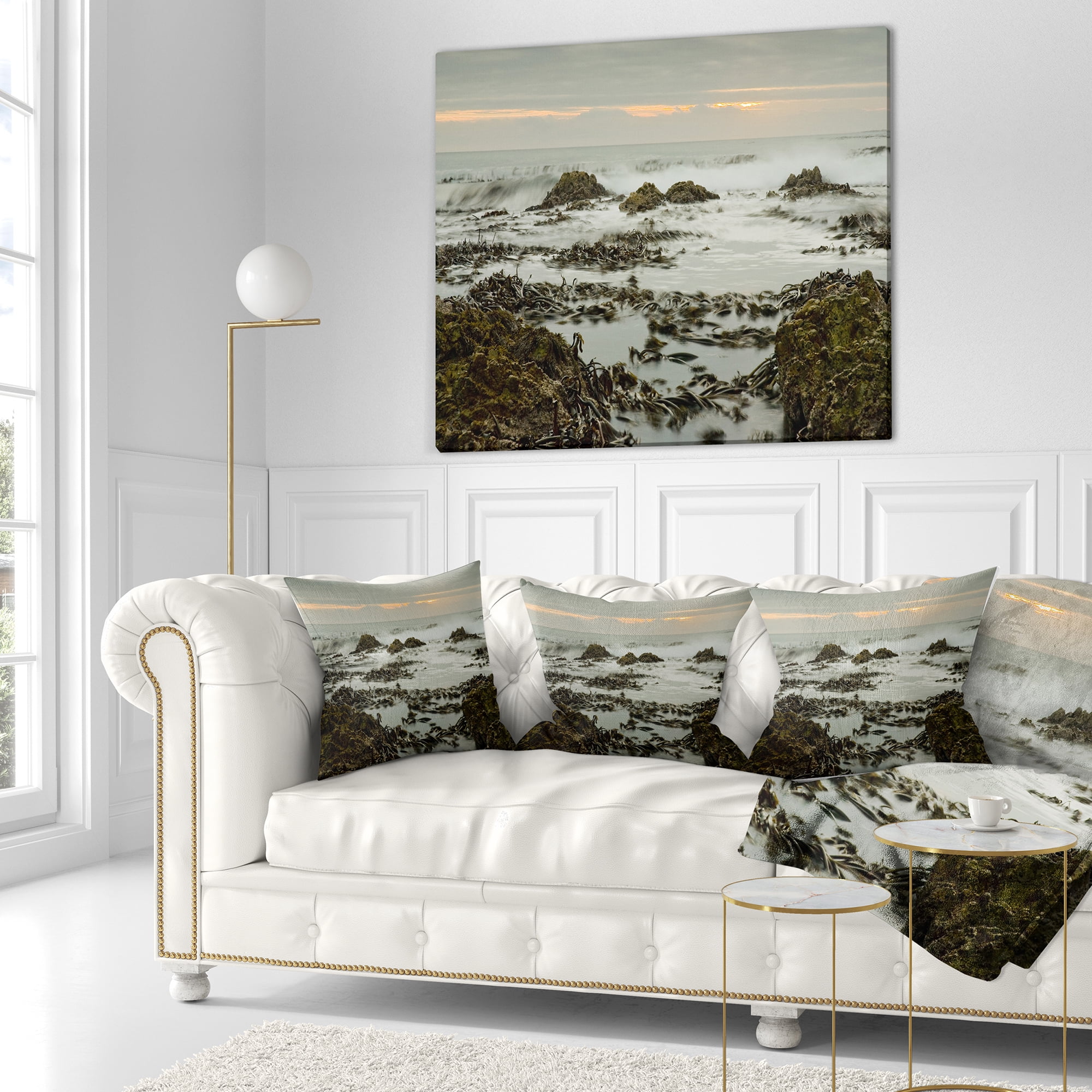 Designart Gloomy Sunset over Rocks and Waves - Seascape Throw Pillow - 18x18