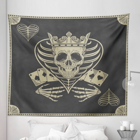 Skull Tapestry, Vector Skeleton Poker Cards Play Game Scary Horror Image Crown and Heart, Fabric Wall Hanging Decor for Bedroom Living Room Dorm, 5 Sizes, Dark Grey Tan Beige, by Ambesonne