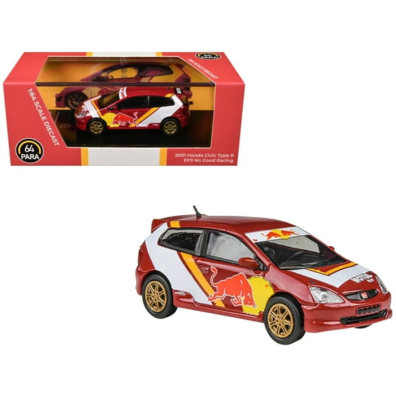 2001 Honda Civic Type R EP3 "No Good Racing" Red and White with Graphics 1/64 Diecast Model Car by Paragon