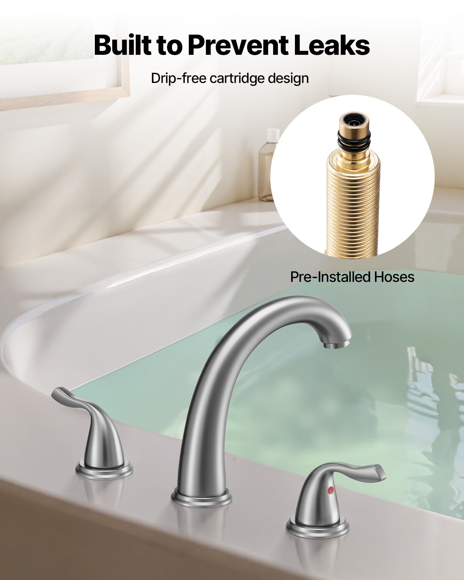 VEVOR Roman Tub Faucet, 3 Hole Waterfall Bathtub Faucet, Gooseneck Bath Tubs Faucets Set with 2 Handles, Roman Tub Faucets Deck Mount for Adult Bathing, Brushed Stainless Steel, High Arc Spout