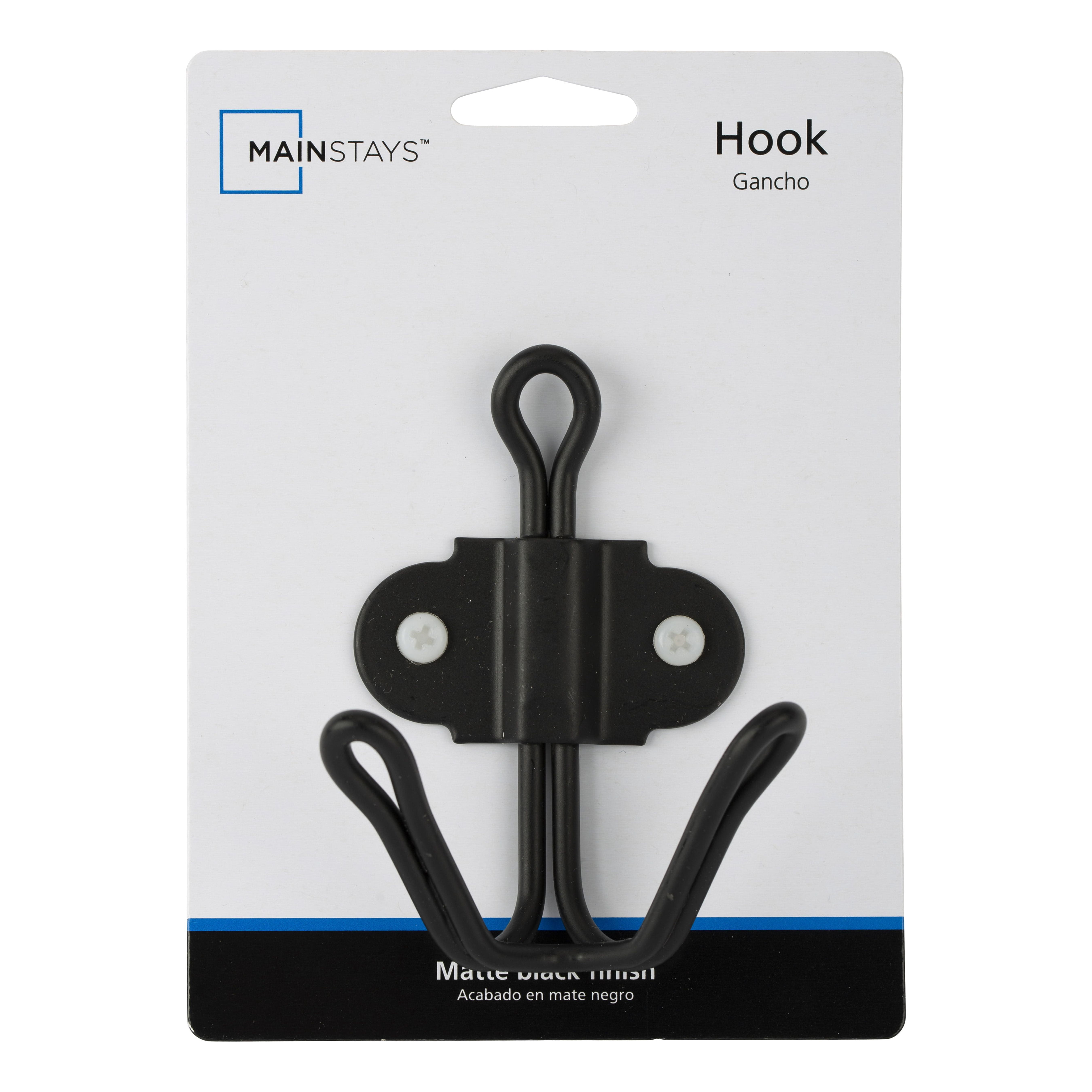 (2 pack) Mainstays Double Prong Wall Mounted Coat and Hat Hook, Matte Black